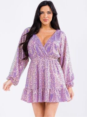 Strut & Bolt | Estella Long Sleeve Surplice Sequin Mini Dress Lilac Purple New